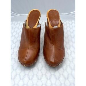 Y2K Express Womens 8.5 Clog Mule Brown Leather Closed Toe Wooden Block Heel